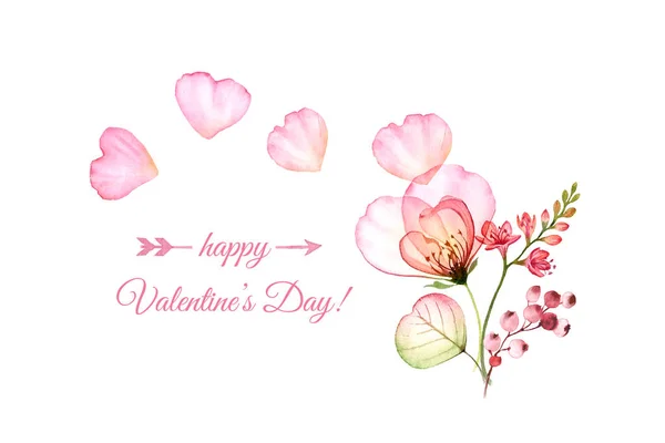 Watercolor Valentines Day card with text. Transparent rose bouquet with flying petals isolated on white. Botanical floral illustration for Saint Valentines day greeting. — Stock Photo, Image