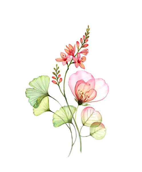 Aquarel transparante roos en freesia bloemen boeket. Kleurrijke bloemige compositie geïsoleerd op wit. Botanische bloemen illustratie voor bruiloft uitnodigingen, Valentijnsdag kaarten. — Stockfoto