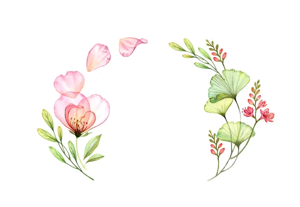 Akwarela przezroczysty różany łuk. Kolorowy wieniec kwiatowy z latającymi płatkami wyizolowanymi na biało. Botaniczne ilustracje kwiatowe na zaproszenia ślubne, papeteria, kartki okolicznościowe. — Zdjęcie stockowe