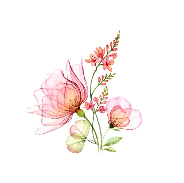 Aquarelle rose transparente grand bouquet avec des fleurs de freesia. Composition florale colorée isolée sur blanc. Illustration botanique peinte à la main pour invitations de mariage, cartes de vœux . — Photo