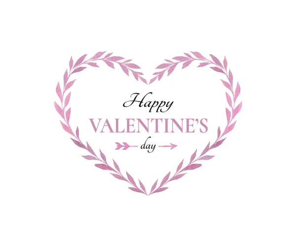 Valentines Day card with watercolor floral heart. Branches with purple leaves isolated on white. Text with arrow. Hand painted template for Saint Valentines day greeting cards, lettering, logo, text. — Stock Photo, Image