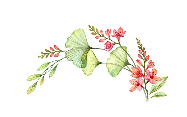 Aquarel bloemboog. Kleurrijke ronde compositie krans met wilde freesia bloemen geïsoleerd op wit. Botanische bloemen illustraties voor bruiloft uitnodigingen, briefpapier, wenskaarten. — Stockfoto