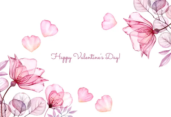 Akvarell Valentin napi kártya szöveggel. Átlátszó rózsa virágok repülő szirmokkal. Botanikus virágos háttér Szent Valentin napi köszöntés. Vízszintes formátumú nyomtatás kész — Stock Fotó