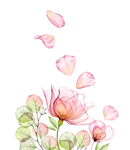 Akvarel květinové pozadí růží, letící okvětní lístky a eukalyptové větve. Okraj květin a listí. Ručně kreslené ilustrace izolované na bílém pro svatební celiny, blahopřání. — Stock fotografie