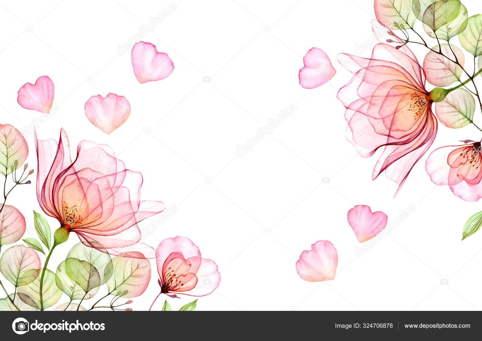 Acuarela fondo floral con jardín de rosas y lugar para texto. Flores  transparentes con pétalos voladores aislados en blanco. Fondo floral  botánico para tarjeta de felicitación, invitación a la boda . Ilustración, image size:1600x1132