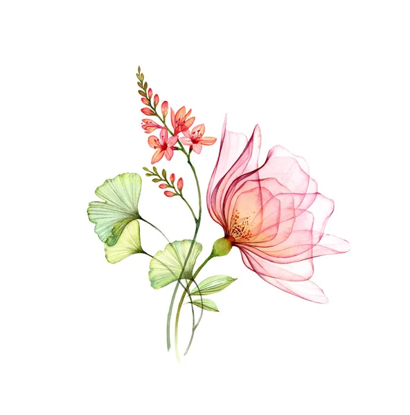 Transparent rose with freesia flowers and leaves. Watercolor floral composition isolated on white. Botanical hand painted illustration for wedding invitations, greeting cards. — ストック写真