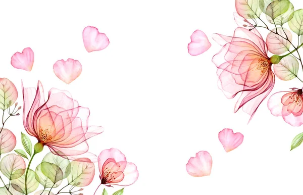 Akwarela kwiatowe tło z ogrodem różanym i miejsce na tekst. Przezroczyste kwiaty z latającymi płatkami wyizolowane w kolorze białym. Botaniczne tło kwiatowe dla kartki okolicznościowej, zaproszenie na ślub. — Zdjęcie stockowe