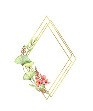 Altın folyolu çiçek çerçevesi, frezya çiçekleri ve yazı için yer. Beyazda izole edilmiş dikey bileşim. Düğün tasarımı için suluboya el resmi, tebrik kartları, logo