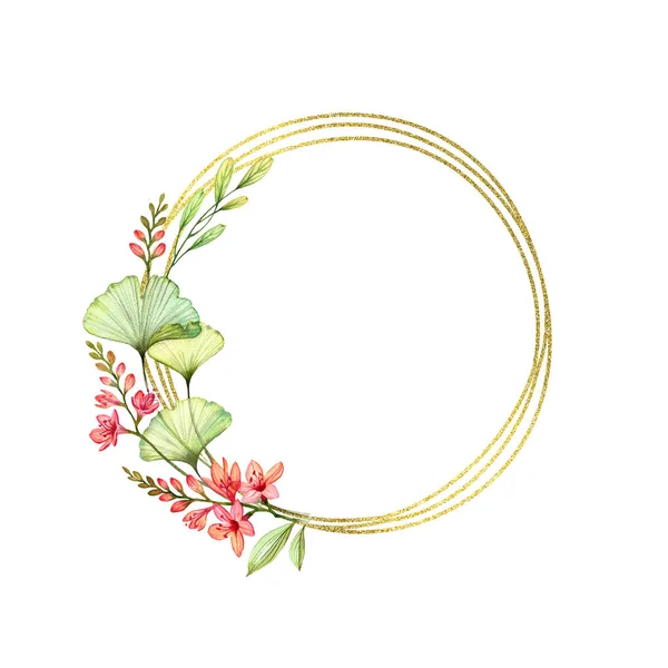 Moldura redonda floral com flores freesia, brilho dourado e lugar para texto. Watercolor pintado à mão ilustração. Composição circular isolado no branco para o logotipo, casamento, cartões de saudação — Fotografia de Stock