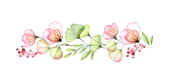 Aquarel bloemrand van rozen, bladeren en eucalyptus tak. Transparante bloemen in horizontale lijn. Handgetekende illustratie geïsoleerd op wit voor bruiloft briefpapier, wenskaarten. — Stockfoto