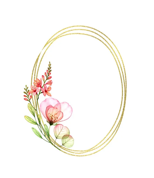 Rosa e flores freesia com moldura oval dourada e lugar para texto. Watercolor pintado à mão ilustração. Composição floral com brilho brilhante e plantas transparentes para logotipo, casamento, cartão de saudação — Fotografia de Stock