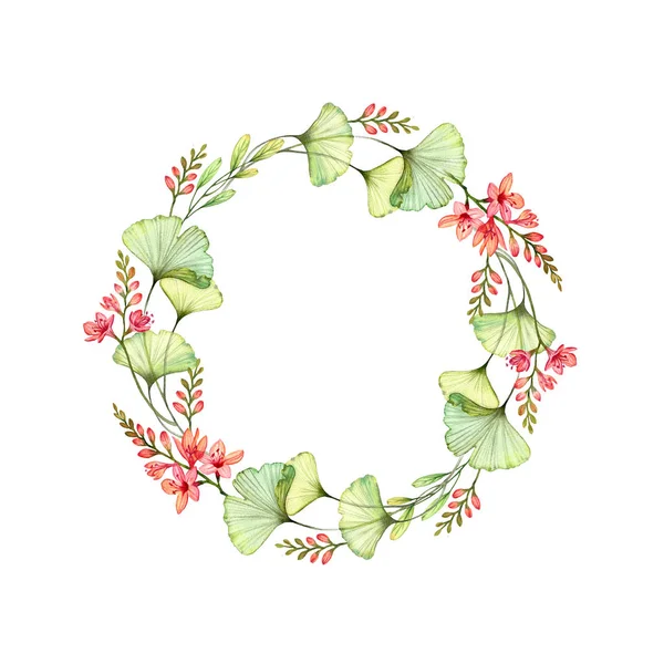 Αδιάβροχο στεφάνι λουλουδιών με φρέζια λουλούδια, φύλλα και μέρος για κείμενο. Πολύχρωμη βοτανική ζωγραφισμένη στο χέρι απεικόνιση. Σύνθεση εγκύκλιο απομονωμένη σε λευκό για λογότυπο, γάμο, ευχετήριες κάρτες — Φωτογραφία Αρχείου