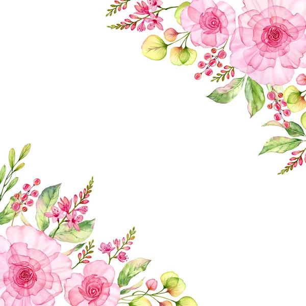 Aquarell floralen Hintergrund mit Rosengarten in den Ecken und Platz für Text. transparente bunte Blüten isoliert in weiß. botanischer Blumenrahmen für Grußkarte, Hochzeitseinladung. — Stockfoto