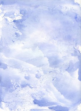 Suluboya soyut arkaplan. Elle boyanmış gökyüzü ve mavi renkli bulutlar. Metinler, harfler, düğün kartları için parlak ultramariyal yıkama