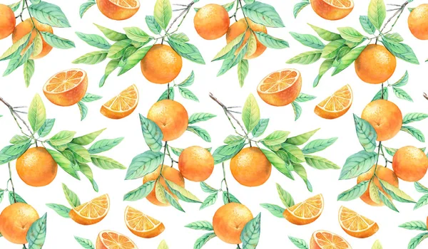 Orangenbaum nahtlose Muster. Aquarell-Zweig mit reifen Früchten. realistische botanische florale Oberflächengestaltung isoliert auf weiß. handgezeichnete Illustration für Textilien, Tapeten — Stockfoto