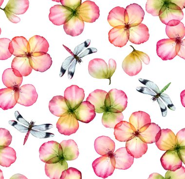 Suluboya kusursuz desen. Yusufçuk ve şeffaf tarla çiçekleri. Duvar kağıdı tasarımı, tekstil ve kumaş için renkli yabani bitkilerle izole edilmiş el çizimi