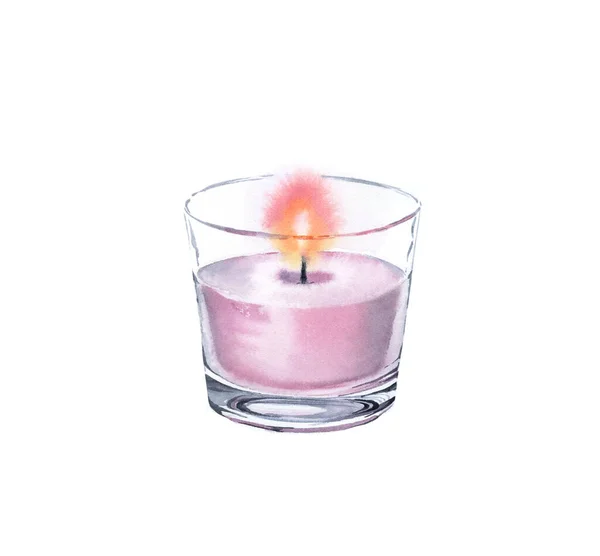 Watercolor candle in a glass. Pink light with rose fragrance. Spa and cosmetic products isolated on white background. Realistic illustration for beauty salon and Wellness center