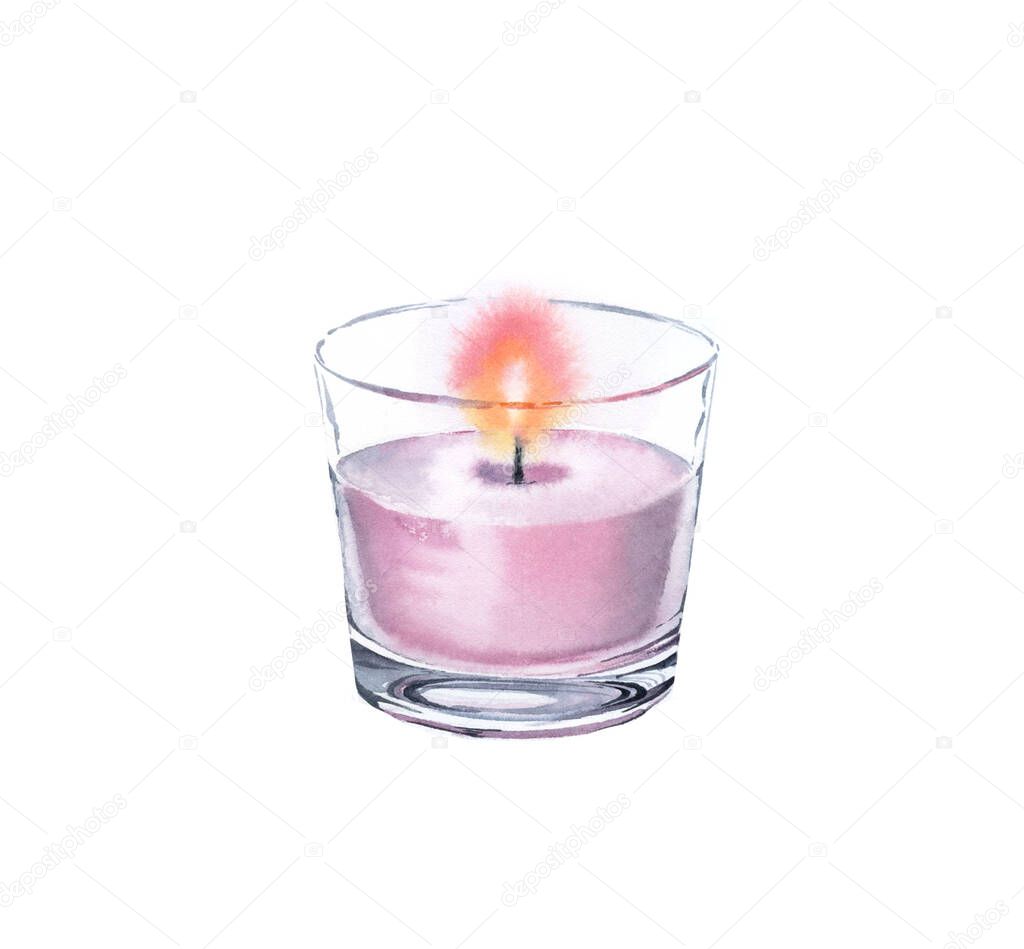 Watercolor candle in a glass. Pink light with rose fragrance. Spa and cosmetic products isolated on white background. Realistic illustration for beauty salon and Wellness center