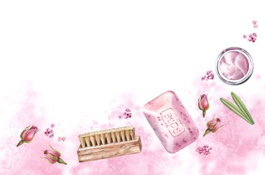 Vücut bakım aksesuarlarıyla suluboya pankart. Gül kokulu sabun, krema, fırça. Pembe arka planlı kaplıca ve kozmetik ürünleri. Güzellik salonu ve sağlık merkezi için gerçekçi illüstrasyon