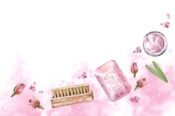 Bannière aquarelle avec accessoires de soins du corps. Savon parfumé rose, crème, pinceau. Spa et produits cosmétiques isolés avec fond rose. Illustration réaliste pour salon de beauté et centre de bien-être — Photo