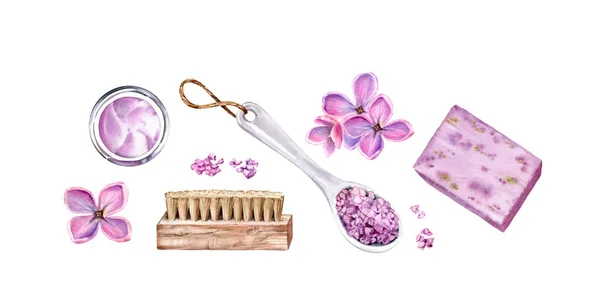 Conjunto de aquarela com acessórios de cuidados com o corpo lilás. Banho sal, sabão, creme, escova, flores. Spa e produtos cosméticos. Ilustração realista para salão de beleza e centro de bem-estar — Fotografia de Stock