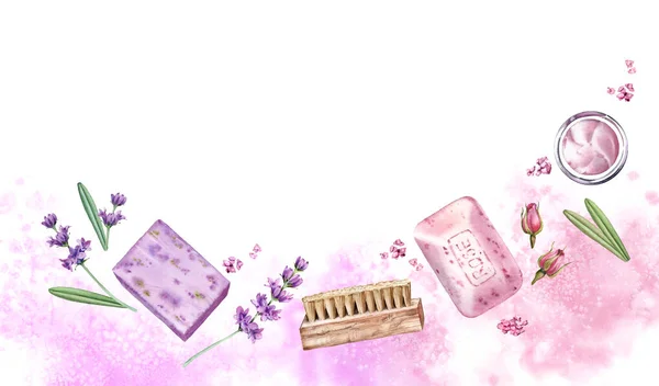 Watercolor banner with body care accessories. Spa and cosmetic products with hand painted background. Lavender soap, rose cream, flowers. Realistic illustration for beauty salon and wellness center