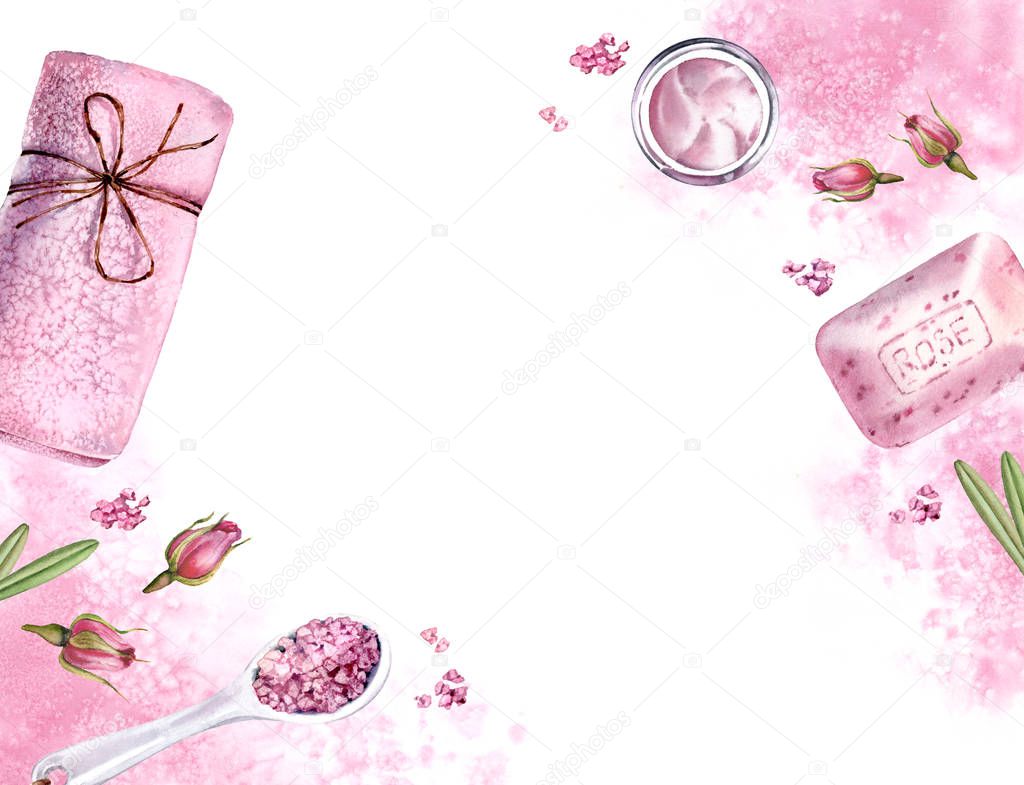 Watercolor banner with skin care accessories and place for text. Rose scented spa and cosmetic products isolated with pink background. Realistic illustration for beauty salon and wellness center