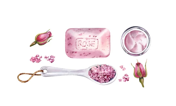 Akvarellset med rosenkroppsvårdstillbehör. Badsalt, tvål, grädde, torkade blommor. Spa och kosmetiska produkter. Realistisk illustration för skönhetssalong och wellness center — Stockfoto