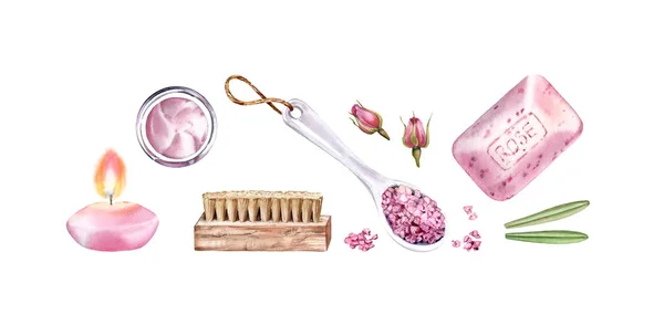 Conjunto de aquarela com acessórios de cuidados com o corpo rosa. Banho sal, sabão, creme, flores secas. Spa e produtos cosméticos. Ilustração realista para salão de beleza e centro de bem-estar — Fotografia de Stock