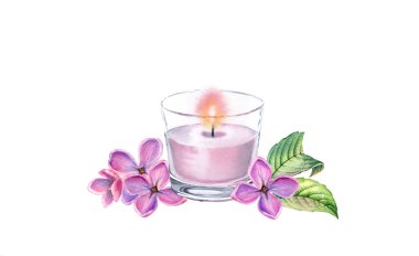 Leylak çiçekleriyle suluboya mum düzenleme. Pembe cam tablo. Beyaz arka planda izole edilmiş kaplıca ve kozmetik ürünleri. Güzellik salonu ve Sağlık Merkezi için gerçekçi illüstrasyon