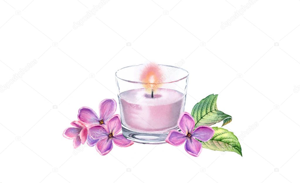 Watercolor candle arrangement with lilac flowers. Pink glass painting. Spa and cosmetic products isolated on white background. Realistic illustration for beauty salon and Wellness center