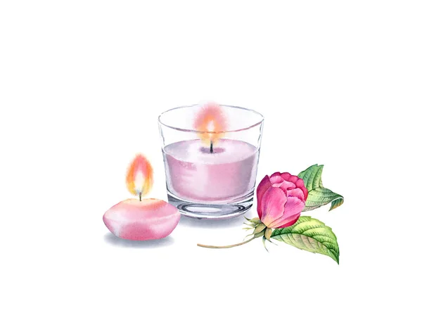 Watercolor candle arrangement with rose flower. Pink glass painting. Spa and cosmetic products isolated on white background. Realistic illustration for beauty salon and Wellness center — 스톡 사진