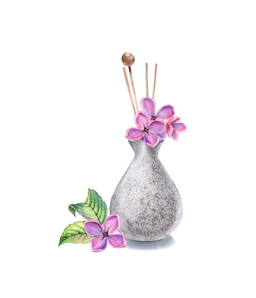 Jarrón acuarela con flores lila. Refresca con palos de madera. Decotación interior de piedra gris. Ilustración realista aislada sobre fondo blanco — Foto de Stock