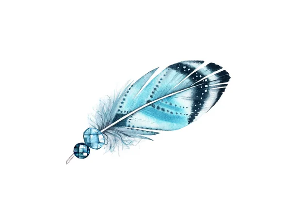 Akvarellfjäder med juvelstenar. Realistisk målning med pulserande turkosa vingar. Boho stil illustration isolerad på vitt. Bird fly design för bröllop inbjudan, gratulationskort — Stockfoto