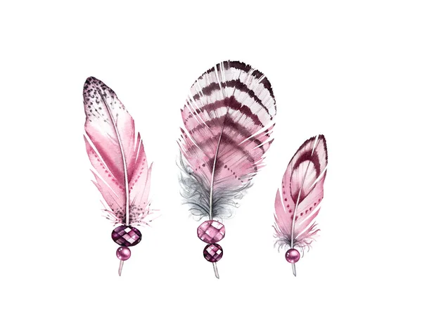 Akvarellfjädrar med ädelstenar. Realistisk målning med vintage rosa vingar och juvelstenar. Boho stil illustration set isolerad på vit — Stockfoto