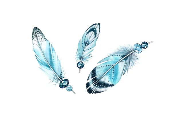 Bannière aquarelle avec plumes volantes. Illustration réaliste. Des ailes turquoises vibrantes et des pierres précieuses. Peinture de style Boho isolé sur blanc — Photo