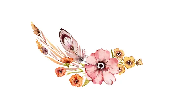 水彩画的乡村花卉组成。粉红色和金黄色野花花束：玫瑰髋部，蔷薇叶，羽毛，被白色背景隔离。用粗糙的风格手绘自然插图 — 图库照片