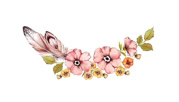 Акварельна квіткова арка. Букет з русичних квітів: рожеве стегно, чагарник, листя, пір'я, ізольовані на білому тлі. Ручний пофарбований натуральний дизайн у вінтажному стилі — стокове фото