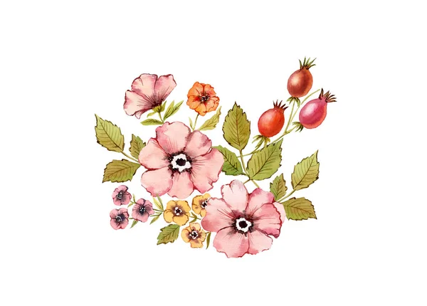 Watercolor floral composition. Dusty pink flowers bouquet: rose hip fruits, briar, leaves, isolated on white background. Hand painted natural design in vintage colors