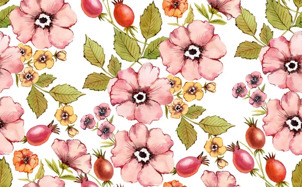 Acquerello floreale modello senza cuciture. Fiori di rosa squallido. Sfondo autunnale. Rosa canina frutti, radica, foglie su sfondo bianco. Illustrazione botanica dipinta a mano in stile vintage — Foto Stock