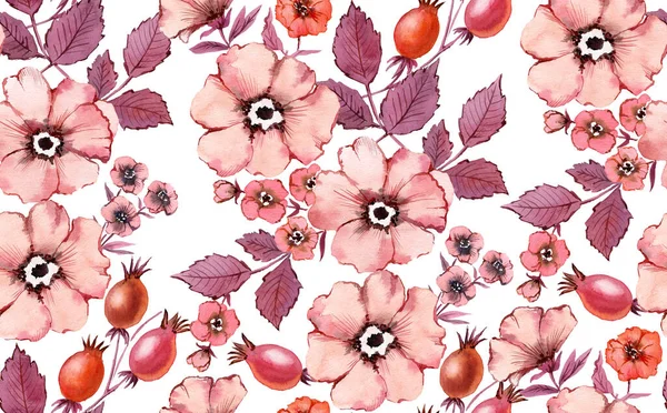 Акварель безшовний. Квіти Вінтажу у марсалі та вині Марун Блюш. Походження осені. Рожева троянда плоди, груша, листя на білому тлі. Пофарбована вручну ботанічна ілюстрація — стокове фото