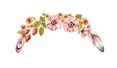 Suluboya çiçek kemeri. Kırsal çiçek buketi: gül kalçası, kireç, yapraklar, tüyler, beyaz arka planda izole edilmiş. Boho tarzında elle boyanmış doğal tasarım 