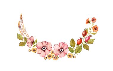 Çiçekli suluboya çelenk. Gül kalçası, çatallı kır çiçekleri, beyaz yapraklar. Düğün ve tebrik kartları için klasik bir sonbahar tasarımı.