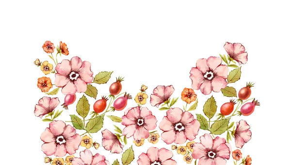 水彩花背景。秋天的花拱形，有蔷薇果，刚毛，叶子被白色隔离。婚礼和贺卡用手工绘制的老式植物图解 — 图库照片