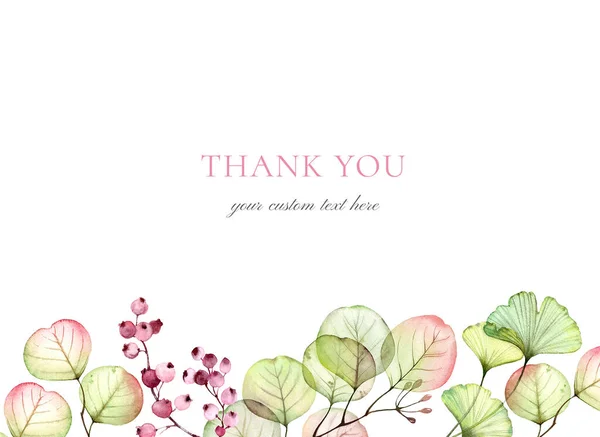 Watercolor floral card template. Thank you text. Eucalyptus branch, leaves and berries isolated on white. Botanical illustration for wedding stationery design