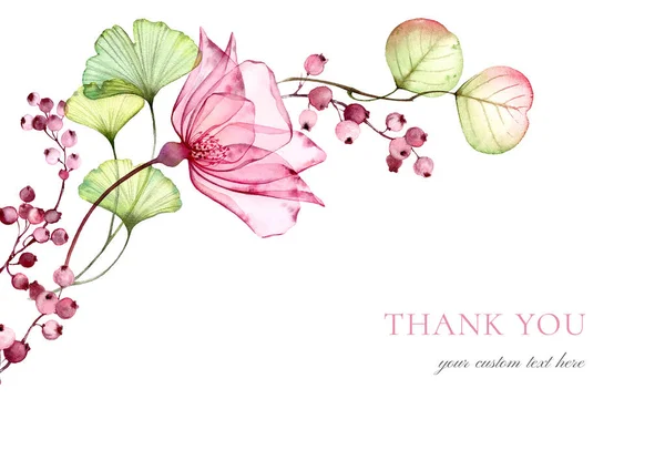 Šablona průsvitné karty Akvarel Rose. Díky za zprávu. Eukalyptová větev, květiny a bobule izolované na bílém. Botanická ilustrace pro design svatební šablony — Stock fotografie