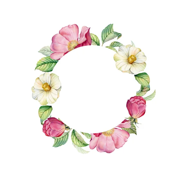 Bannière aquarelle avec cadre rond et hanche rose. Camélia réaliste et fleurs de bruyère. Endroit pour le texte. Illustration florale botanique pour la conception de mariage, cosmétiques, publicité — Photo