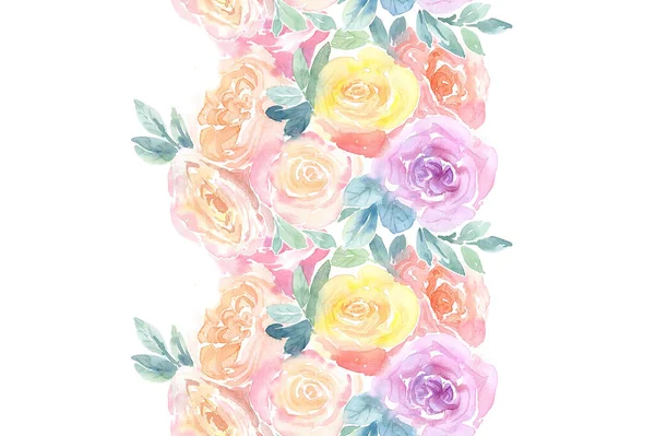 Υδατογραφία Τριαντάφυλλα θάλασσα άμορφα σύνορα. Ζωντανό φόντο λουλουδιών. Βοτανικός χέρι ζωγραφισμένα εικόνα. Πολύχρωμα λουλούδια και φύλλα σε λευκό χρώμα για γάμο, ευχετήριες κάρτες — Φωτογραφία Αρχείου