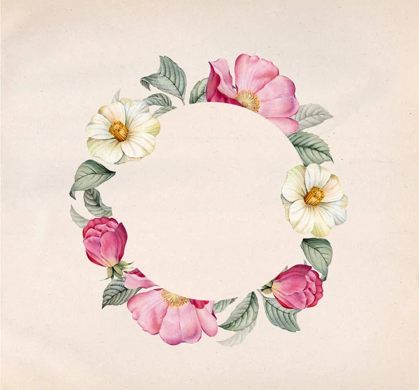 Bandiera floreale acquerello con camelia e rosa canina. Telaio circolare rotondo su carta artigianale. Posto per il testo. Foglie realistiche e fiori di radica. Illustrazione botanica vintage — Foto Stock