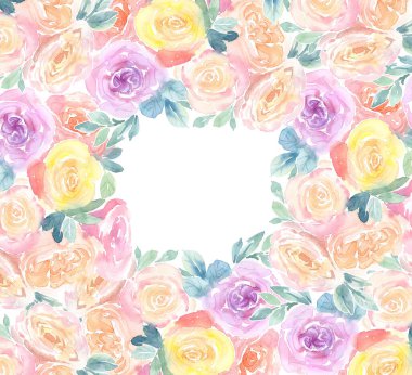 Suluboya gül çiçekleri çerçevesi. Botanik el yazısı ve metin için yer var. Kozmetik, düğün ve tebrik kartları için beyaz üzerine izole edilmiş renkli pankart